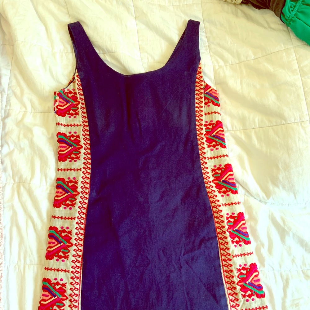 Judith March navy fitted linen dress embroidery